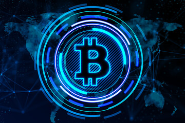 Aufkleber - Creative glowing bitcoin hologram and map on dark background. Crytpocurrency, nft, metaverse and blockchain concept. 3D Rendering.