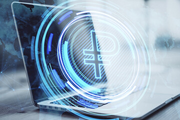 Poster - Close up of laptop on desktop with creative glowing round ruble icon and map hologram on blurry office background. Finance, currency and global business technologies concept. Double exposure.