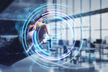 Poster - businessman hand pointing at creative glowing round ruble icon and map hologram on blurry office interior background. Finance, currency and global business technologies concept. Double exposure.