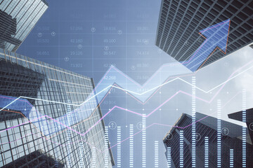 Aufkleber - Real estate and property market growth concept with digital rising arrows and financial chart graphs on city skyscraper tops background, double exposure