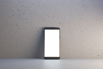 Poster - Close up of empty white smartphone on light wall background. Mobile app concept. 3D Rendering.