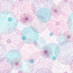  Pink and blue abstract circle textures. Modern elements with scribble lines, dots, loops and flowers. Doodle seamless pattern. Hand drawn elements background for fabric, wrapping, wallpaper or cards.