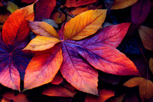 
Autumn Texture Closeup Of 
Fall Leaves, Beautiful Group Of  Organic Colorful Bold Natural Scene On The Ground, Nature Photo, Lo Fi And Soft Focus , Short Depth Of Field