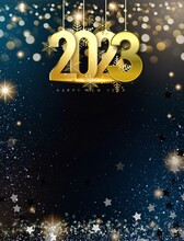 Happy New Year 2023 Greeting Card With Bokeh Lights And Snowflakes On Black Background 
