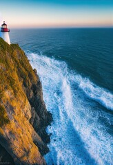 A lighthouse on the rocky shore of the blue ocean. The raging ocean and the lighthouse in the middle of the rocks. 3D rendering.