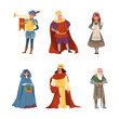 Medieval People Characters with Herald with Trumpet, King with Mantle and Crown and Peasant Vector Illustration Set