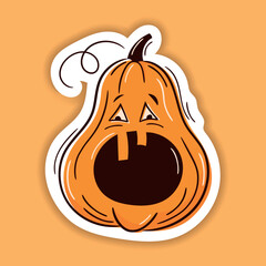 Wall Mural - Halloween vector sticker. One line hand drawn Halloween emoticon pumpkin. Jack o Lantern. Funny face isolated on white, cute pumpkins. Doodle for logo, poster, emblem
