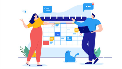 Poster - Calendar planning - Two business people making schedule for work tasks and project. Flat design vector illustration with white background