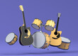 Set of electric acoustic guitars and drums with cymbals on purple background
