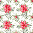 Christmas holiday seamless pattern with poinsettia flowers, mistletoe and holly berries. Watercolor hand painted botanical background, retro floral festive wallpaper