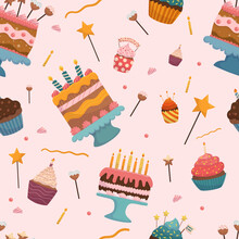 Birthday Cakes Seamless Pattern. Tasty Celebratory Decorated Bakery, Cupcakes Or Muffins With Candles On Pink Background