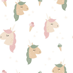 Wall Mural - Seamless pattern with cute unicorns and ice cream