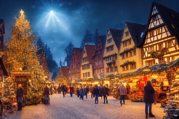Wall Mural - 3D rendered computer generated image made to look like a digital oil painting. Holiday village during the winter. Christmas time in a small rural town