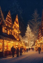 Wall Mural - 3D rendered computer generated image made to look like a digital oil painting. Holiday village during the winter. Christmas time in a small rural town