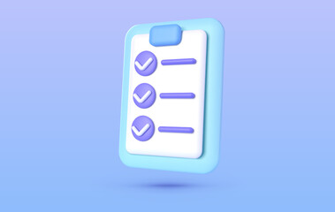Poster - Document 3d. Exam checklist icon. Business vector icon. 3d check list icon vector render illustration. Vector render illustration