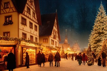 Wall Mural - 3D rendered computer generated image made to look like a digital oil painting. Holiday village during the winter. Christmas time in a small rural town