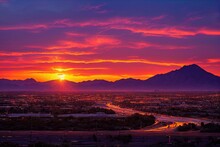 Gorgeous And Colorful 3D Rendered Computer Generated Image Of A Bright And Colorful Arizona Sunset. Desert Sunset In Maricopa County, Arizona As Imagined By The Artist. Gorgeous Cloudy Sky View