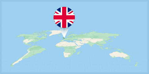 Sticker - Location of United Kingdom on the world map, marked with United Kingdom flag pin.