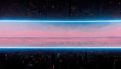 Cyberpunk inspired Sci-Fi City concept art. Futuristic buildings extending to the horizon, two glowing blue lines, futuristic landscape, pink and blue color scheme, etc.