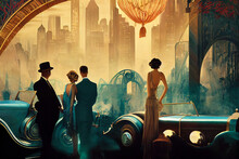 Lavish People Standing Outside Next To Vintage Luxury Cars Before Entering A Glamour Ball. Night Time Retro Cinematic Scene. 1920s Art Deco Aesthetics Outside A Palace. Generative Ai