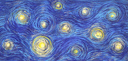 Wall Mural - glowing stars on a blue sky abstract background in the style of impressionist paintings