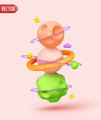 Poster - Abstract poster with 3d planets. Fantastic background with planets. Realistic design in cartoon plastic style. Space fantasy round planets with rings. vector illustration.