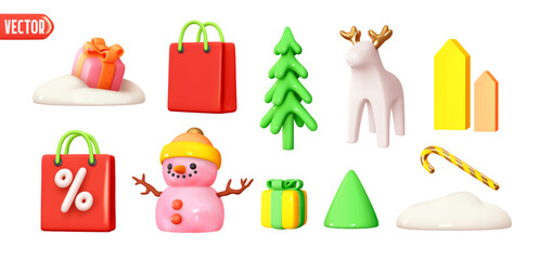 Poster - Set of Christmas holiday elements for design. Christmas trees, snowdrift, gift box, snowman, shopping bag, white deer, houses, candy. Realistic 3d object in cartoon plastic style. vector illustration