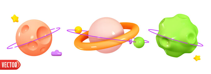 Poster - Abstract set 3d planets. fantastic collection of planets Venus, Mars, Jupiter, Saturn. Realistic design in cartoon plastic style. Space fantasy round planets with rings. vector illustration.
