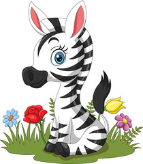 Sticker - Cartoon baby zebra sitting in the grass