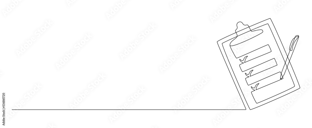 One continuous line drawing of Clipboard with checklist and pen. To do ...