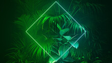 Futuristic Background Design. Tropical Plants With Blue And Green, Diamond Shaped Neon Frame.