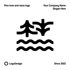 pine tree logo with wave vector symbol illustration design
