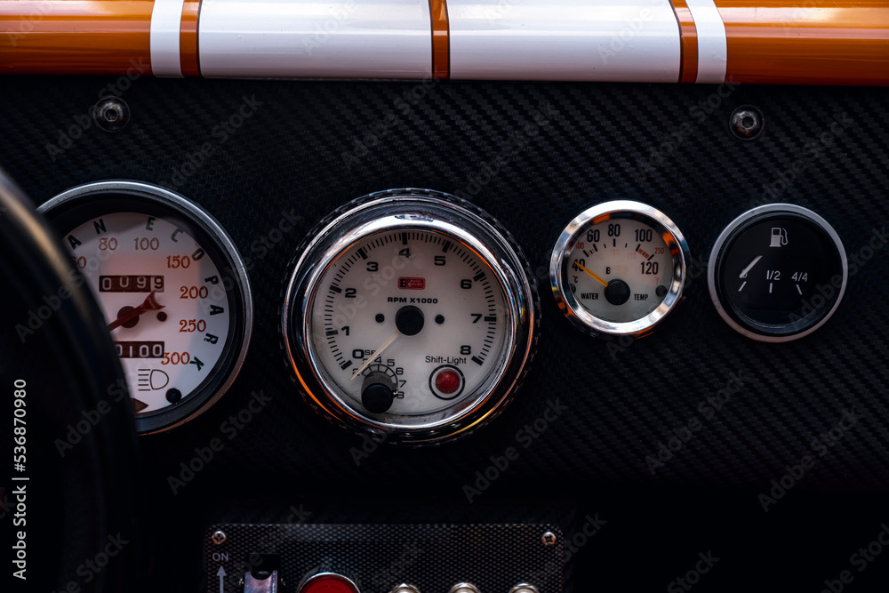 Dashboard of the car. Speedometer and tachometer. Engine information ...