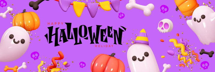 Wall Mural - Halloween background creative design. Abstract horizontal banner Halloween day. Realistic 3d cartoon style. Festive themed header for website. Holiday poster in purple colors. vector illustration