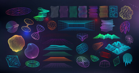 Neo memphis and retrofuturistic 3D abstract shapes from 80s-90s. Concept vaporwave, Neo futuristic, Cyberpunk, retro wave. 3D Universal geometric shapes, spheres, objects. Effect glitch, neon. Vector	