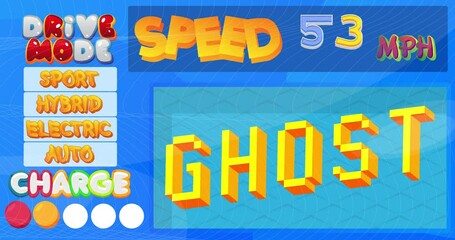 Poster - Cartoon Car Dashboard with Ghost Text. Digital Graphical User Interface Animation.