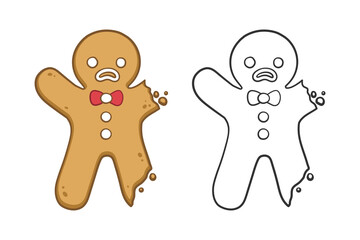 Wall Mural - Gingerbread man cookie with bite outline and colored doodle cartoon illustration set. Winter Christmas food theme coloring book page activity for kids.