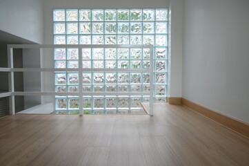 wooden floor with glass block wall, interior design