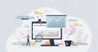 Data analytics with business information chart monitoring tiny person concept. Infographic with statistical dashboard and future planning or research vector illustration. Modern digital control system