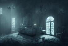 Creepy Interior Of An Abandoned Building Background, Concept Art, Digital Illustration, Haunted House, Scary Interior	
