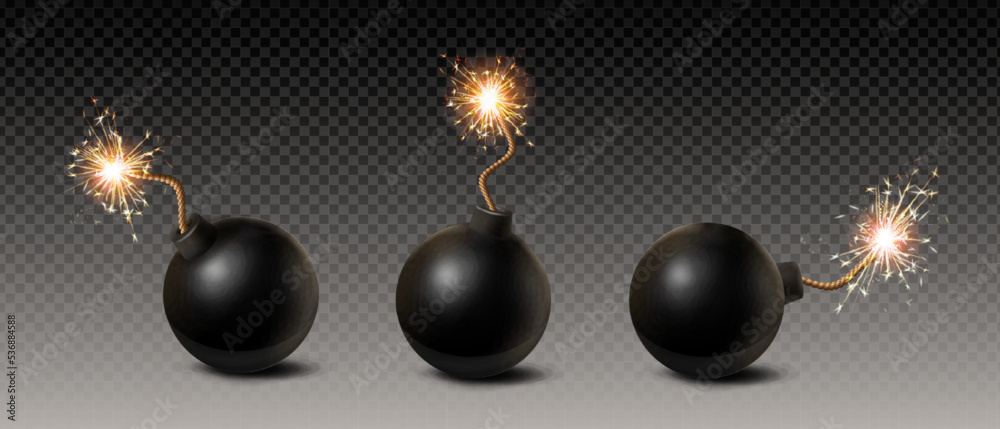Setting Bomb Background 3d realistic vector icon set. Black round bombs with burning fuse under ...