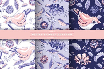 Poster - lovely bird and floral pattern collection