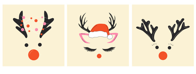 Set of three faces of a cute Christmas deer with a garland.Vector in cartoon style. All elements are isolated