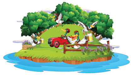 Wall Mural - Happy duck group in nature scene