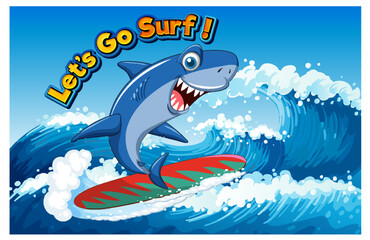 Wall Mural - Cute shark surfing cartoon ocean scene