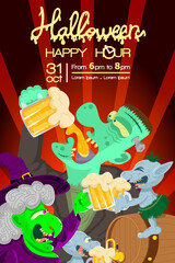 halloween special party happy hour beer party drink party with witch goblin frankenstein happy cheers invitation poster information poster