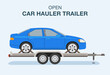 © flatvectors - Isolated open car hauler trailer with vehicle on it. Side view of a blue sedan. Flat vector illustration template.