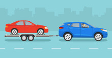 Driving A Car. Towing An Open Car Hauler Trailer With Vehicle On It. Side View Of A Red Sedan And Blue Suv Car On A City Road. Flat Vector Illustration Template.