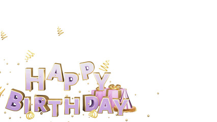 Wall Mural - 3D Happy Birthday Text With Gift Boxes, Party Hat, Golden Tiny Balls And Spiral Ribbon Decorated Background.