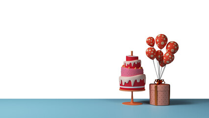 Sticker - 3D Layered Delicious Cake Over Table With Gift Box, Balloon Bunch And Copy Space.